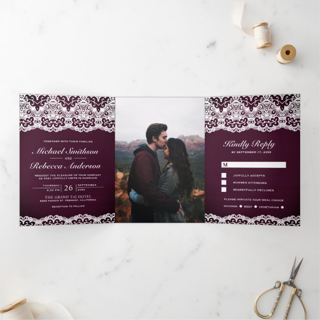 Plum Wood Country Lace All in One Wedding Tri-Fold Invitation (Inside)
