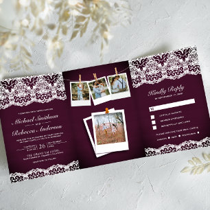 Plum Wood Country Lace Photo Collage Wedding Tri-Fold Invitation