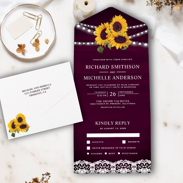 Plum Wood Lace String Lights Sunflower Wedding All In One Invitation (Creator Uploaded)