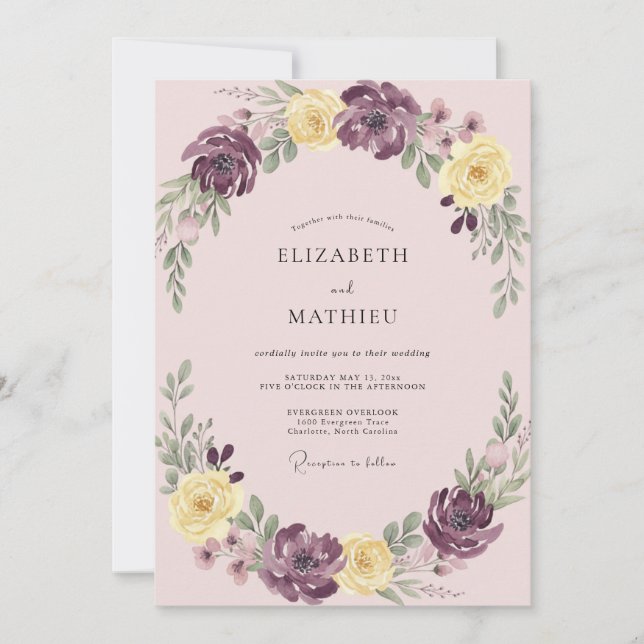Plum Yellow Botanical Romance Wedding Invitation (Front)