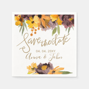 Plum Yellow Floral Gold Calligraphy Save The Date Napkin