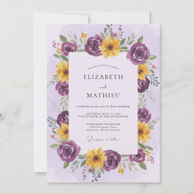 Plum Yellow Floral Romance Wedding Invitation (Front)