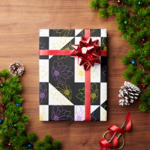 Plum & Yellow Flower Black & White Chequerboard Wrapping Paper