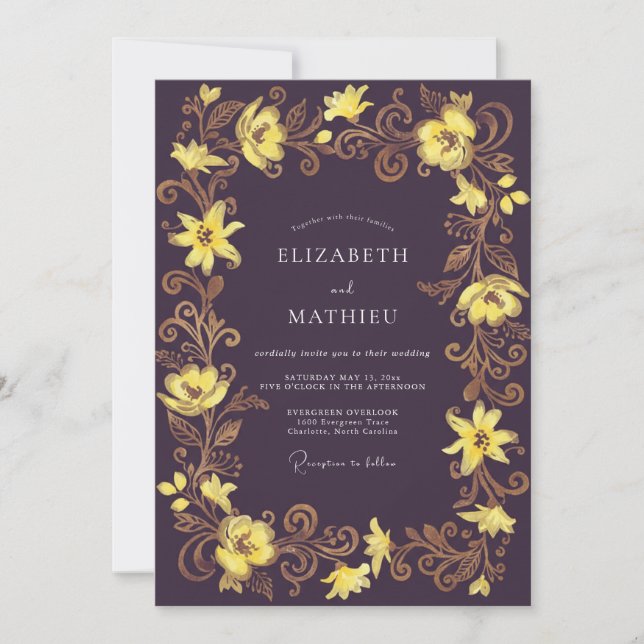 Plum Yellow Lily Wedding Invitation (Front)