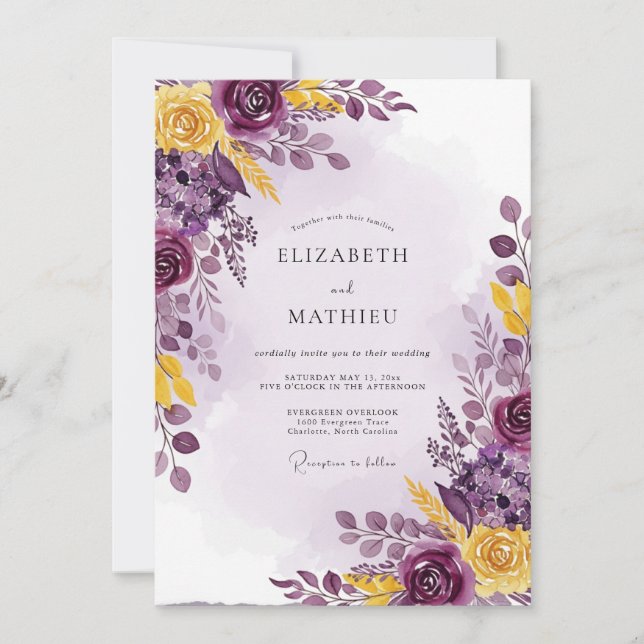 Plum Yellow Luscious Botanical Wedding Invitation (Front)