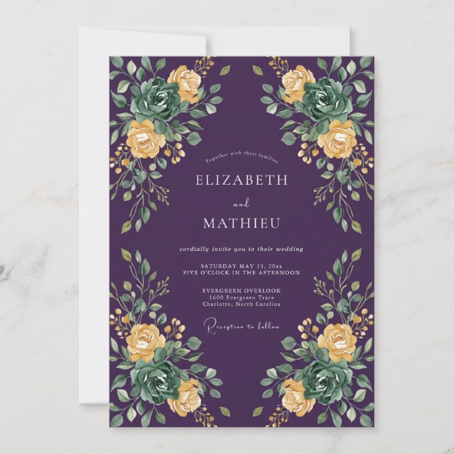 Plum Yellow Succulent Eucalyptus Wedding Invitation (Front)