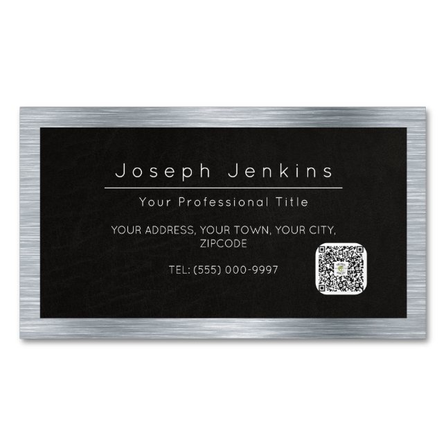 plumber black leather and silver metal magnetic business card (Front)