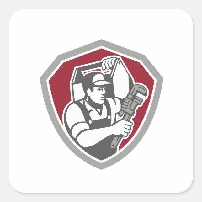 Plumber Carry Toolbox Wrench Shield Retro Square Sticker (Front)