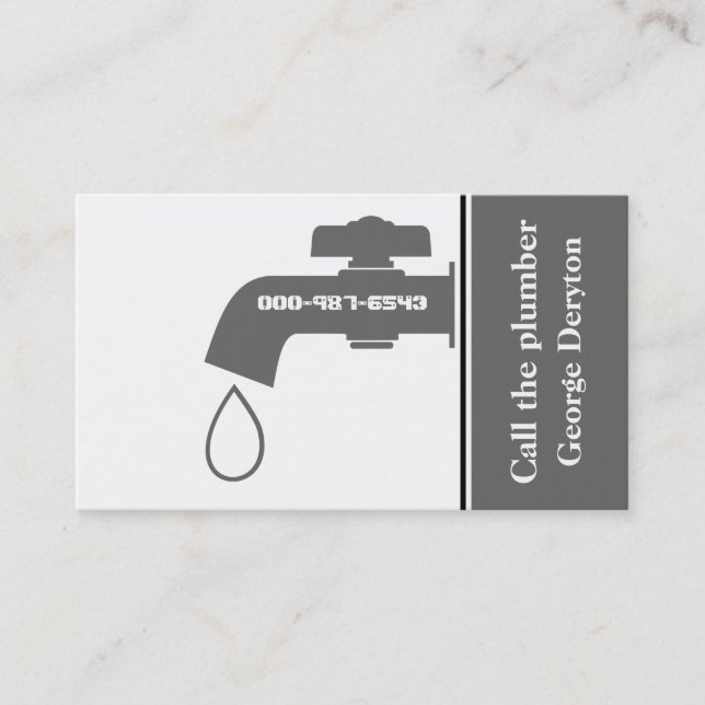 Plumber grey, white tap eye-catching plumbing business card (Front)