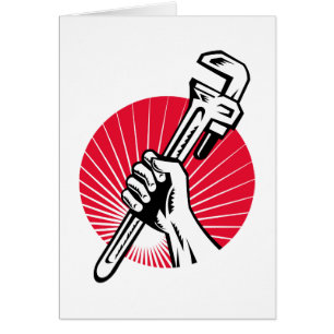 Plumber hand holding pipe wrench woodcut