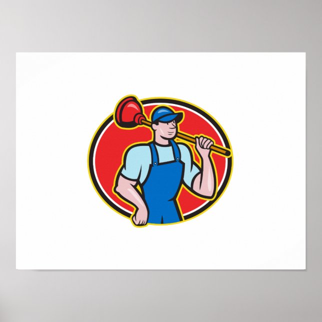 Plumber Holding Plunger Cartoon Poster (Front)