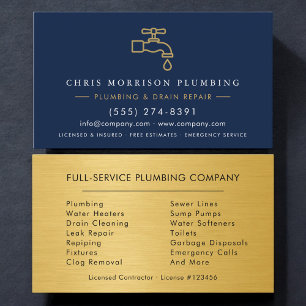 Plumber Navy Blue & Gold Metallic Minimalist Business Card