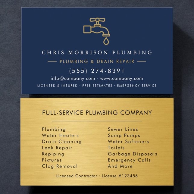 Plumber Navy Blue & Gold Metallic Minimalist Business Card (Creator Uploaded)
