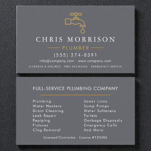 Plumber Plumbing Gray Gold Business Card