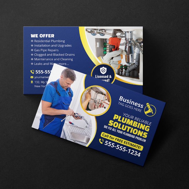 Plumber Plumbing Technician Contractor Blue Gold Business Card (Creator Uploaded)
