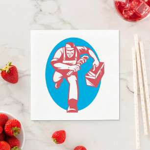 Plumber Running with Wrench and Toolbox Napkin