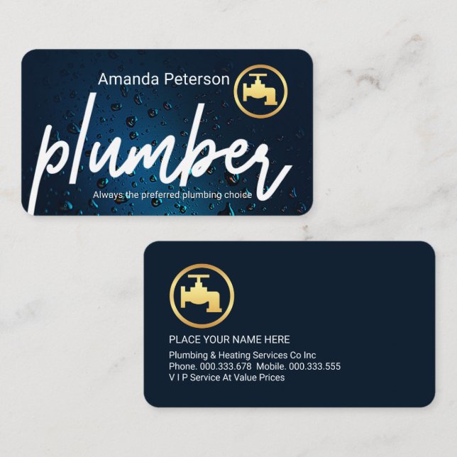 Plumber Signage In Blue Waterdrops Business Card (Front/Back)