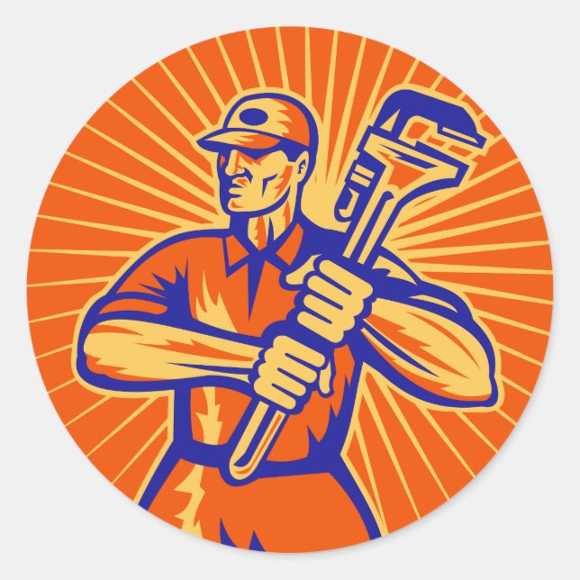 Plumber wielding holding monkey wrench retro classic round sticker (Front)