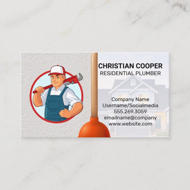 Plumber with Wrench | Plunger Business Card (Front)