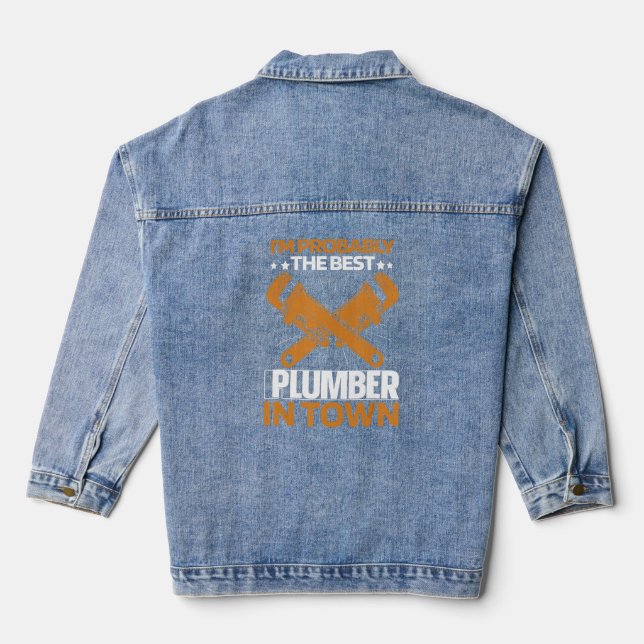 Plumber Wrench   Plumbing Pipefitter Plumber  Denim Jacket (Back)