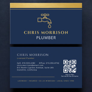 Plumbing Company QR Code Navy Blue Gold Business Card