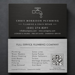 Plumbing Company QR Code Silver Black Metallic  Business Card