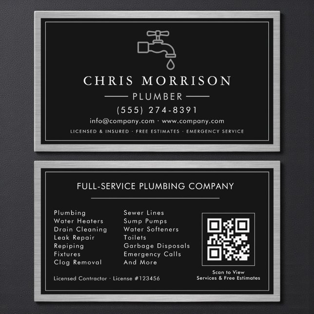 Plumbing Contractor Industrial Metallic QR Code Business Card (Creator Uploaded)