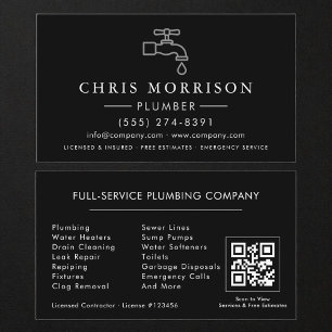 Plumbing Plumber Black Silver QR Code Business Card