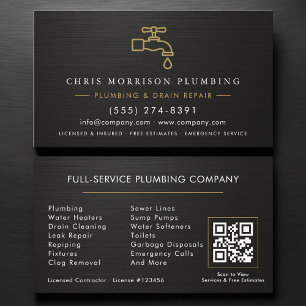 Plumbing QR Code Metallic Black & Gold  Business Card