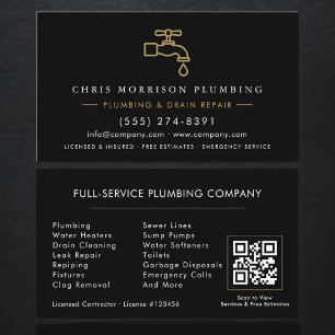 Plumbing Service Black & Gold QR Code Business Card