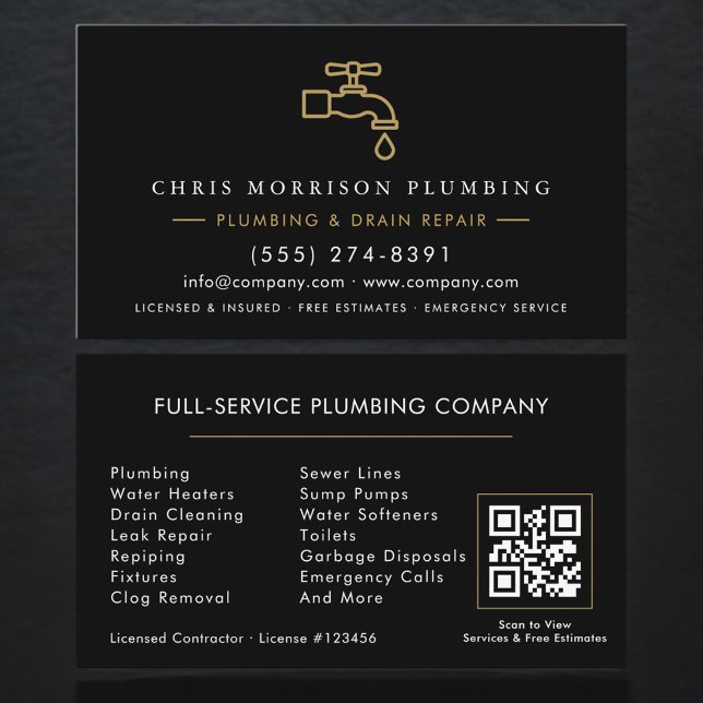Plumbing  Service Black & Gold QR Code Business Card (Creator Uploaded)