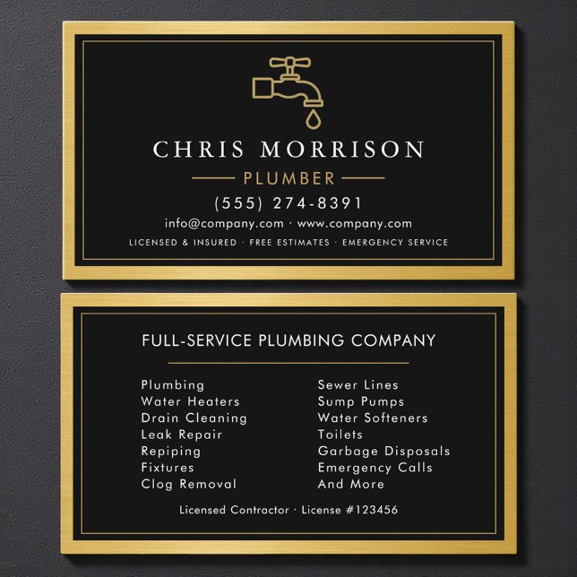 Plumbing Service Company Plumber Gold Metallic Business Card (Creator Uploaded)