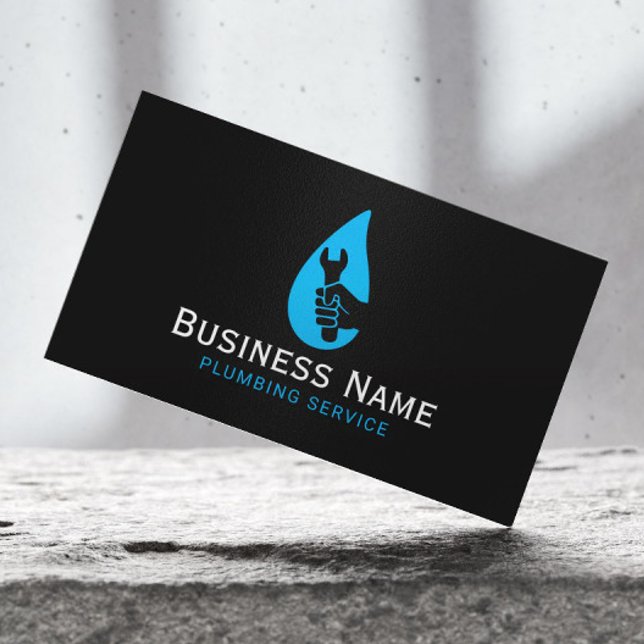 Plumbing Service Hand Wrench Water Drop Plain Business Card (Creator Uploaded)