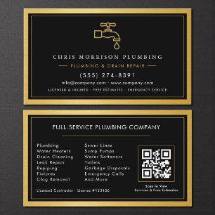Plumbing Services Black Gold Metallic QR Code Business Card