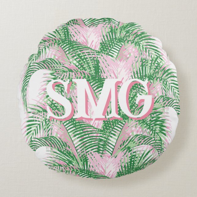 Plume Palm Fronds in Pink + Green Personalised Round Cushion (Front)