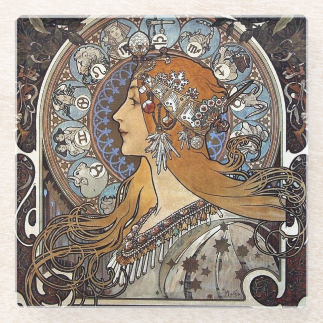 Plume Zodiac Woman by Alphonse Mucha – Art Nouveau Glass Coaster (Front)