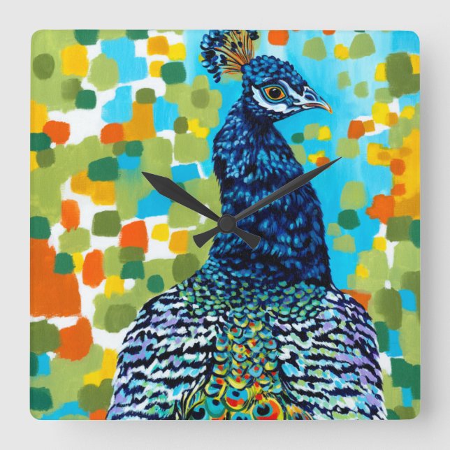 Plumed Peacock II Square Wall Clock (Front)