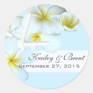 Plumeria and Starfish, Blue Round Favour Label