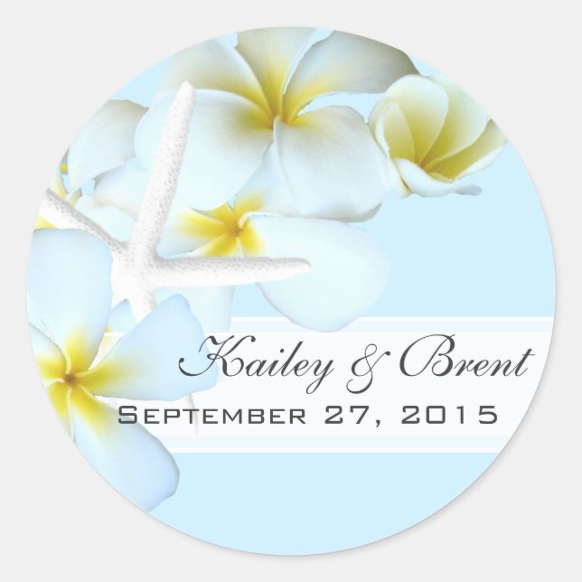 Plumeria and Starfish, Blue Round Favour Label (Front)