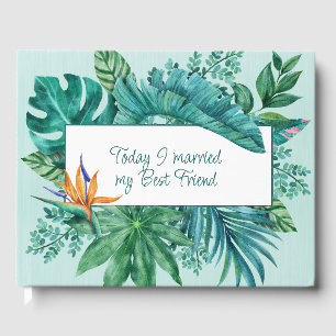 Plumeria and Tropical Green Leaves Wedding Guest Book