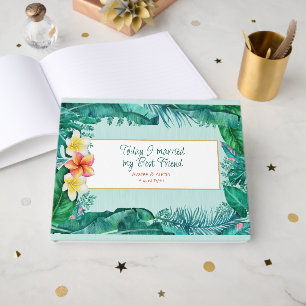 Plumeria and Tropical Green Leaves Wedding Guest Book