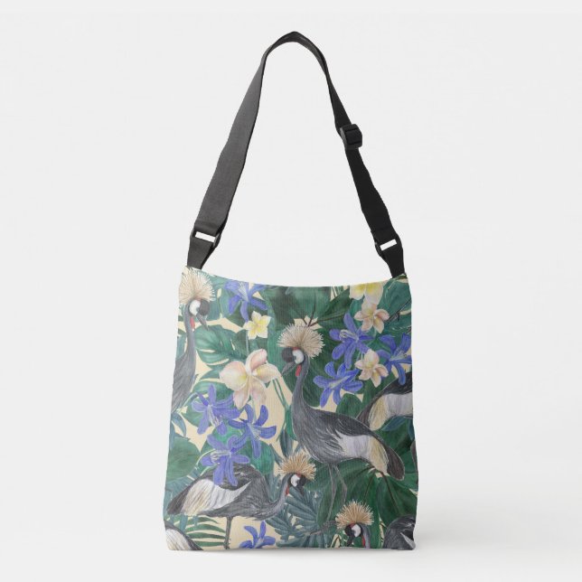 Plumeria Blue Flowers, Watercolor Seamless. Crossbody Bag (Front)