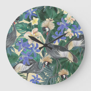 Plumeria Blue Flowers, Watercolor Seamless. Large Clock