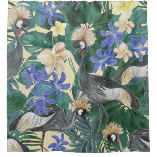 Plumeria Blue Flowers, Watercolor Seamless. Shower Curtain