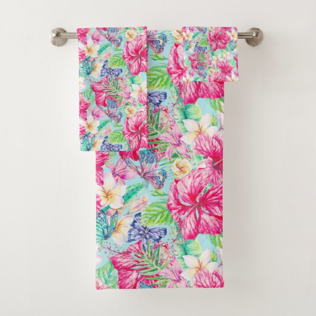 Plumeria Chinese Hibiscus Foliage Butterflies Bath Towel Set (Insitu)