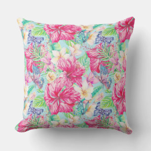 Plumeria Chinese Hibiscus Foliage Butterflies Cushion