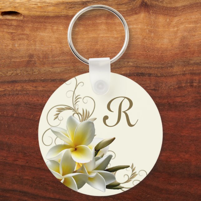 Plumeria Flourish Monogram Initial Key Ring (Front)