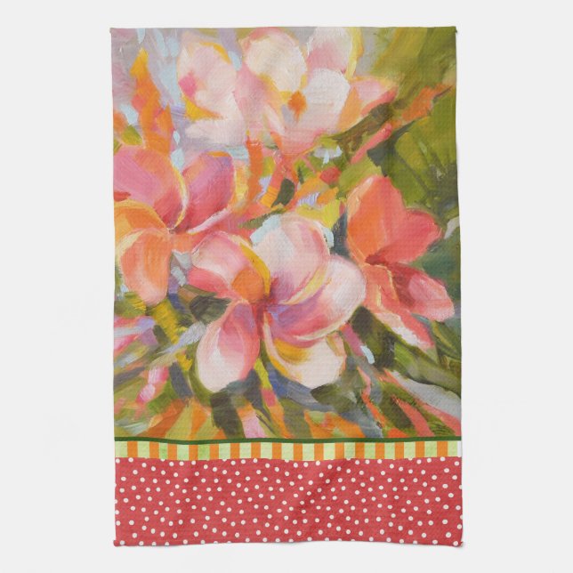 Plumeria Flower Green Red Kitchen Towel (Vertical)