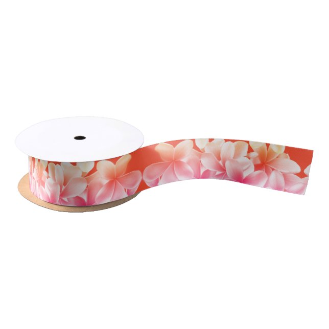 Plumeria Flowers Ribbon Pink n Orange Satin Ribbon (Spool)