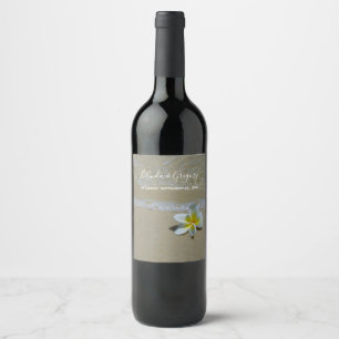 Plumeria Frangipani On Sand Wedding Wine Label
